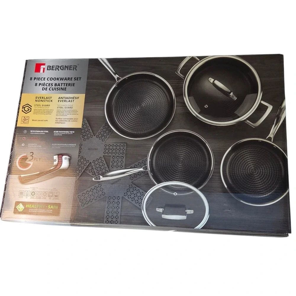 Bergner 3Ply Stainless Steel Ceramic Cookware Set 4 Pot/Pans 2 Lids 2 Protectors